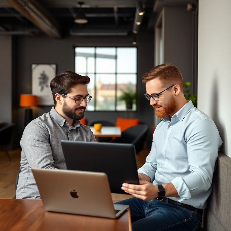 Dva pražští autoři blogu v moderním coworkingu se dívají do notebooku